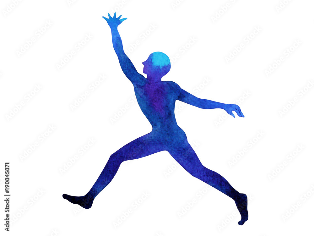 human running jumping raise hands up power energy pose, abstract body watercolor painting hand drawing