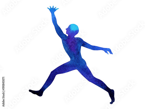 human running jumping raise hands up power energy pose, abstract body watercolor painting hand drawing