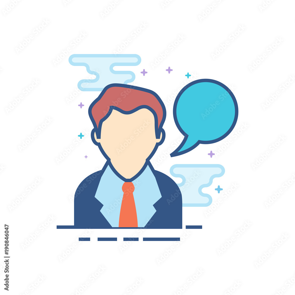 Businessman with talk bubble icon in outlined flat color style. Vector illustration.