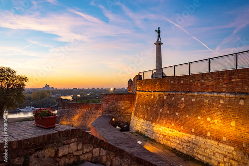 Kalemegdan fortress,Victor the monument and Sava river in evening colors