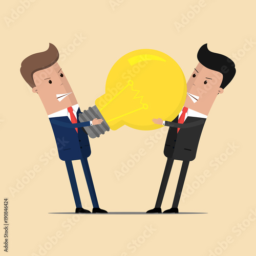 Struggle between businessmen for a big lightbulb. Big idea. Vector illustration
