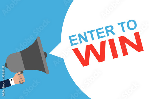 Hand Holding Megaphone With Speech Bubble ENTER TO WIN. Announcement. Vector illustration