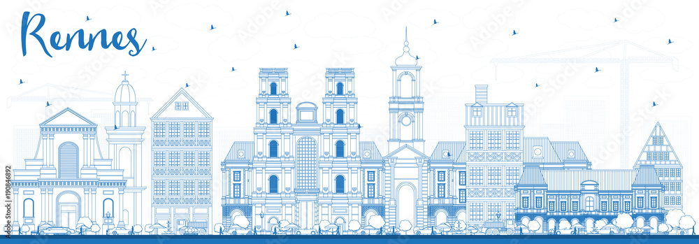 Outline Rennes France City Skyline with Blue Buildings.