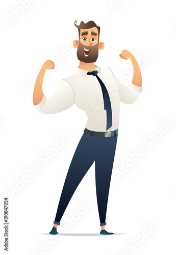 Happy businessman demonstrated power. Concept business victoria. Business character design illustration. Manager win