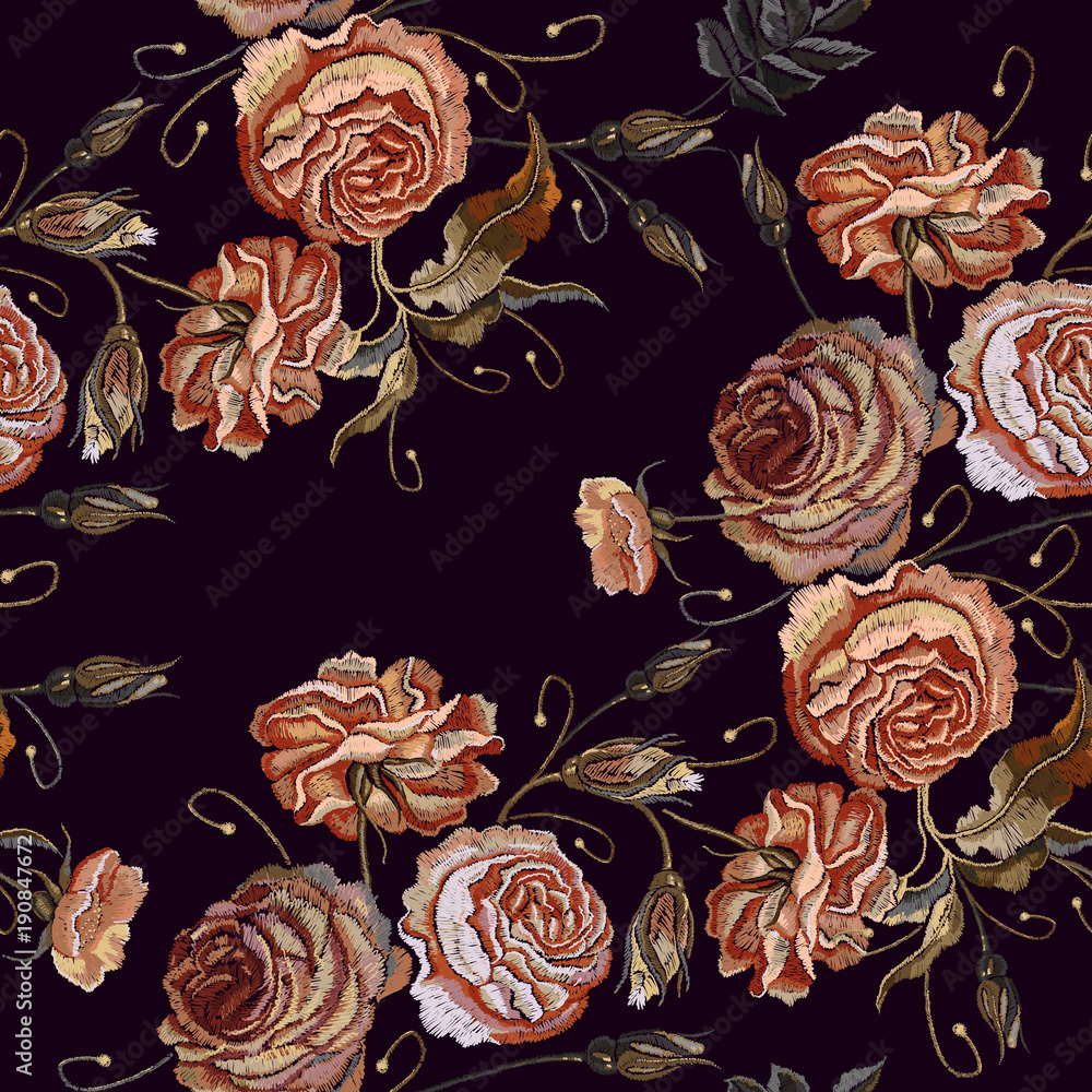 Roses Embroidery Seamless Pattern Fashionable Template For Design