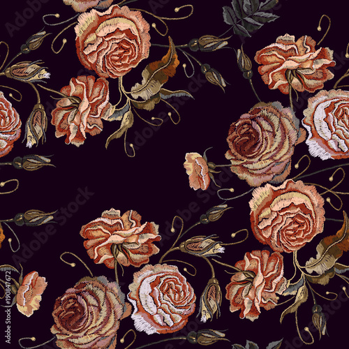 Roses embroidery seamless pattern. Classical embroidery vintage buds of roses on black background. Fashionable template for design of clothes, t-shirt design, tapestry flowers renaissance style