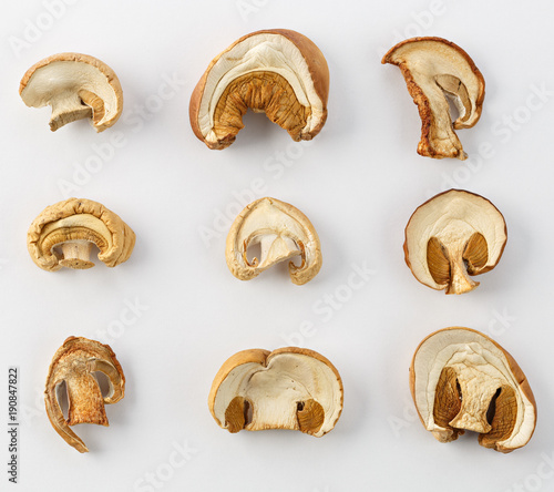 Dried mushrooms for cooking. On a white background.