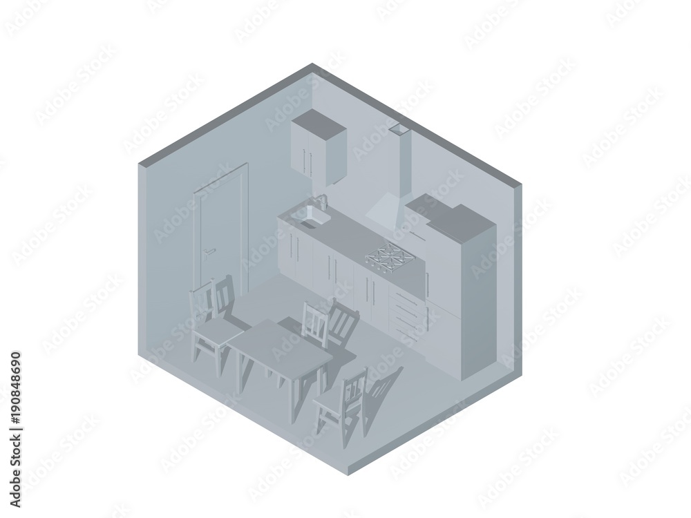 Interior kitchen room. 3D rendering illustration. Interior kitchen room. 3D rendering illustration.