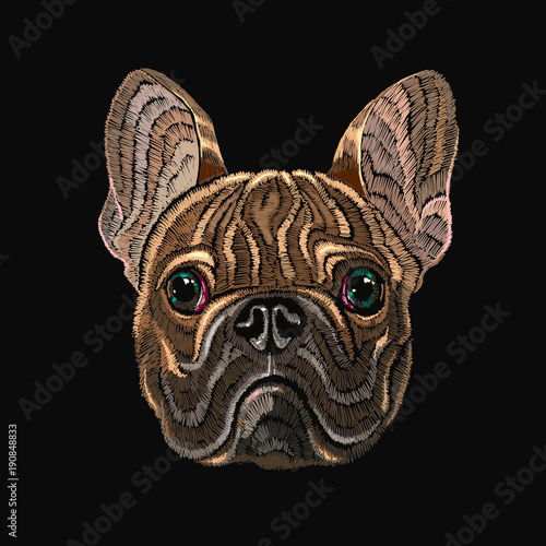 Classical embroidery head bulldog, fashionable design for clothes, t-shirt design. Embroidery french bulldog vector
