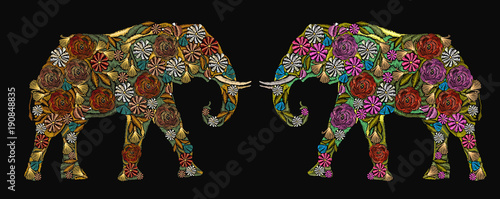 Embroidery elephants. Classical embroidery flower indian elephants. Indian ornaments animals clothes fashion t-shirt design. Embroidery spirituality, boho art. African ethnic elephant, yoga