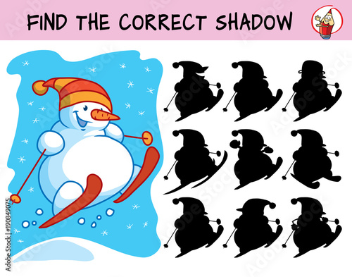 Funny snowman skiing. Find the correct shadow. Educational matching game for children. Cartoon vector illustration