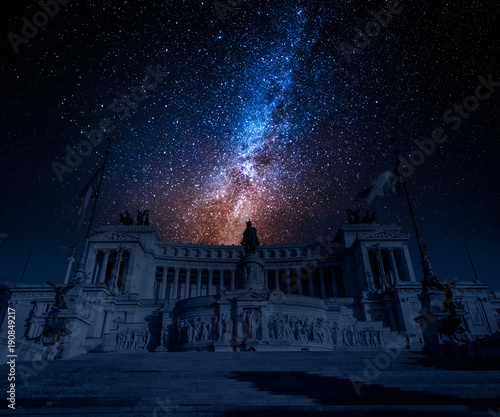 Ancient Vittorio Emanuele II at night with stars, Rome, Italy