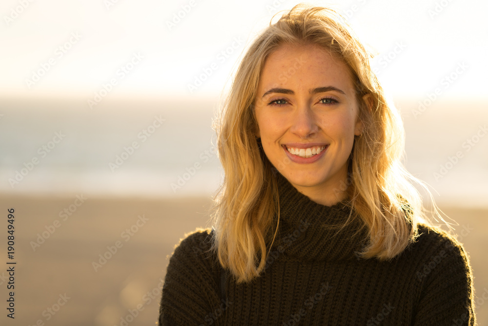 Young caucasian woman smile face sunset