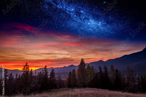 Fototapeta Naklejka Na Ścianę i Meble -  Sunset in Tatras mountain in Zakopane with stars, Poland