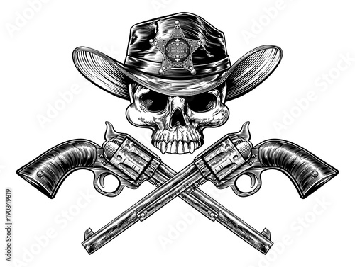 Sheriff Star Badge Cowboy Hat Skull and Pistols
