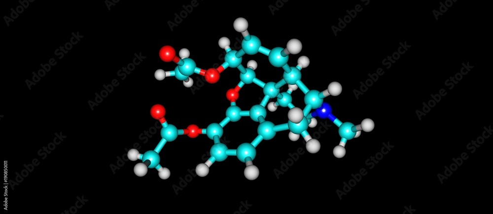 Molecular structure of Heroin on black background
