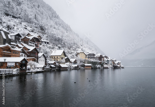 Hallstat village in the Austria. Beautiful village in the mountain valley near lake photo