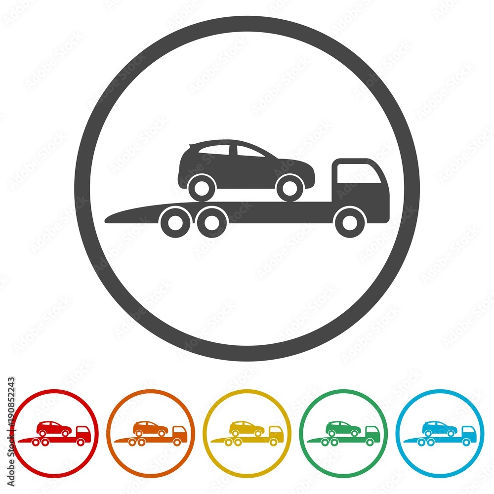 Tow truck with car on it, flat style illustration, Car tow service, 6 Colors Included Tow truck with car on it, flat style illustration, Car tow service, 6 Colors Included