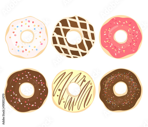 Set of color hand drawn donuts in modern flat style. Donut isolated 
