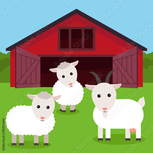 Cattle grazing near a farm, flat vector illustration.