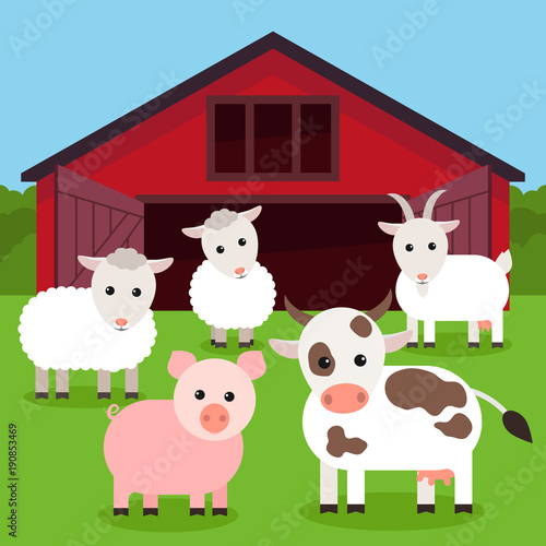 Cattle grazing near a farm, flat vector illustration.