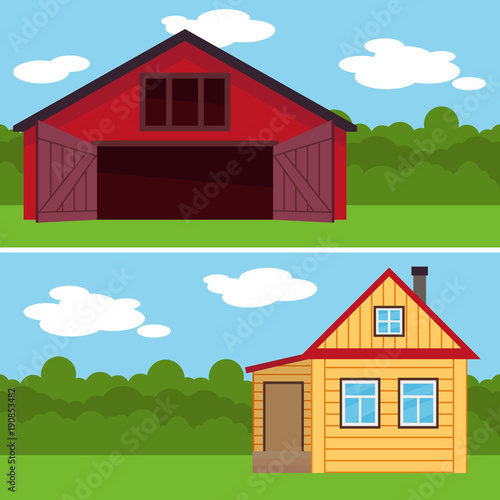 Rural landscape with wooden house or farm. Vector.