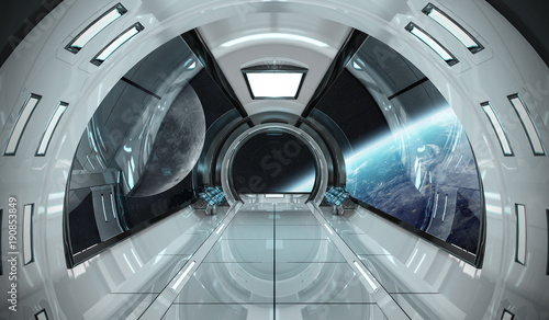 Spaceship interior with view on Earth 3D rendering elements of this image furnished by NASA