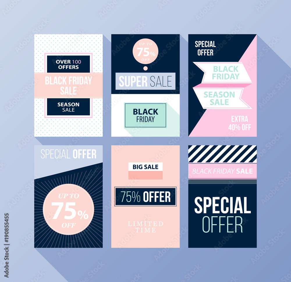 Set of six Black Friday banners/posters in flat style on blue background