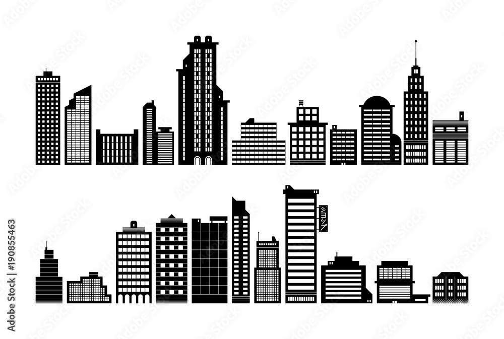 Set of modern city buildings. Black silhouette style.