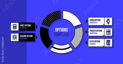 Pie chart infographics template with five segments in fancy geometric style on deep blue background