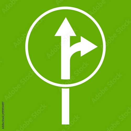 Straight or right turn ahead road sign icon green