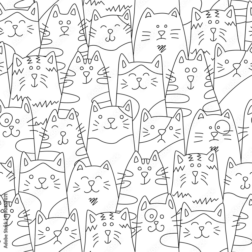 Cats. Seamless pattern in doodle and cartoon style. Black and white