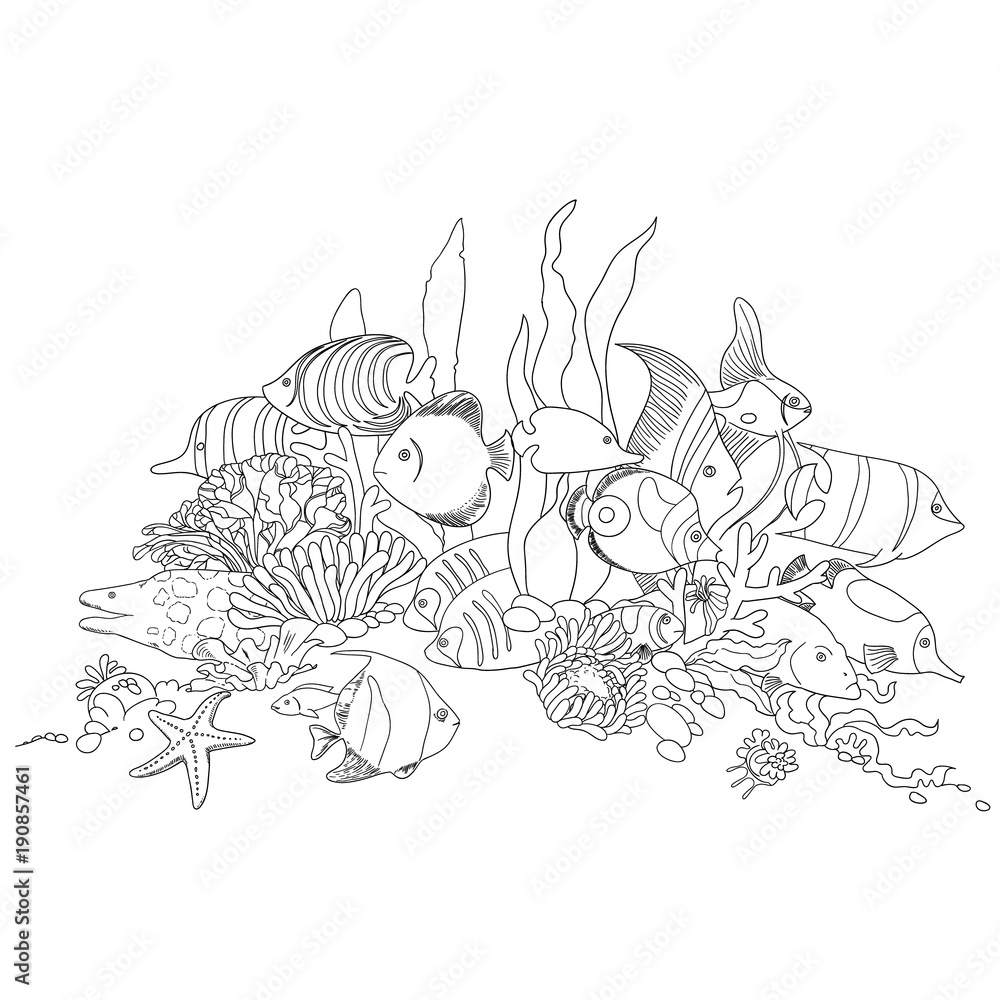 coral reef fish outline cartoon doodle. vector illustration Stock