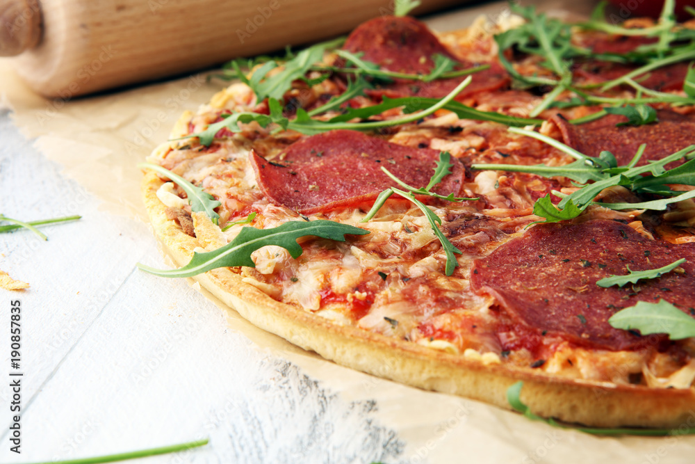 pizza with cheese fresh baked pepperoni pizza coming out of the oven pizza with cheese fresh baked pepperoni pizza coming out of the oven