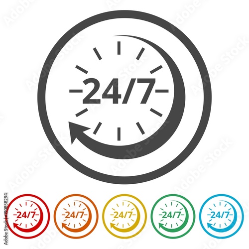 Twenty four hours open, Vector open hours icon, 6 Colors Included