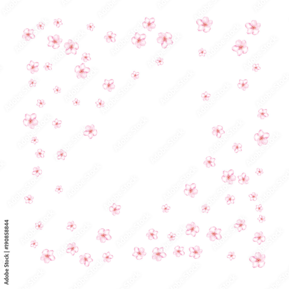 Sakura, Peach Cherry or Apple Flowers Vector Confetti. Elegant Falling Down Spring Romantic Floral Decoration. Magic Wedding Decoration, Realistic Sakura Cherry, Peach or Apple Blossom Background