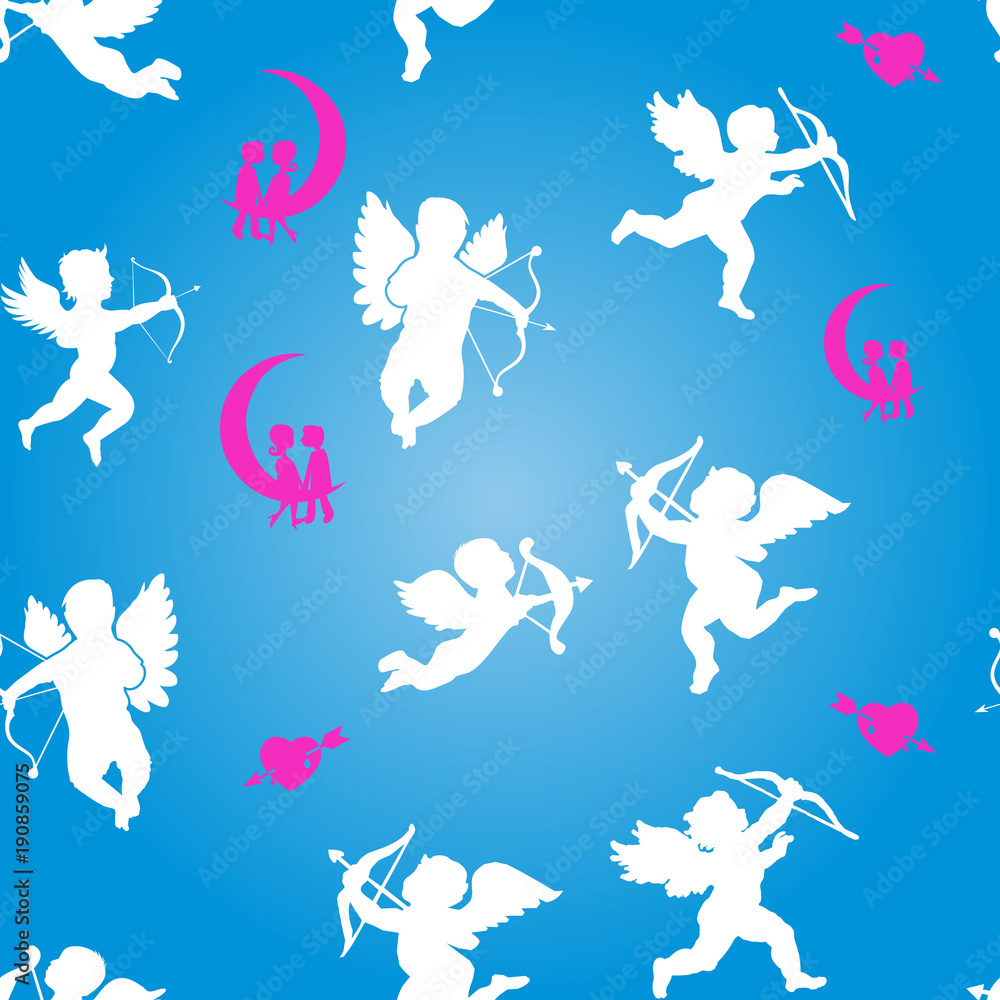 Collection of white angels silhouettes and hearts, seamless pattern on Valentine`s Day, on blue background,