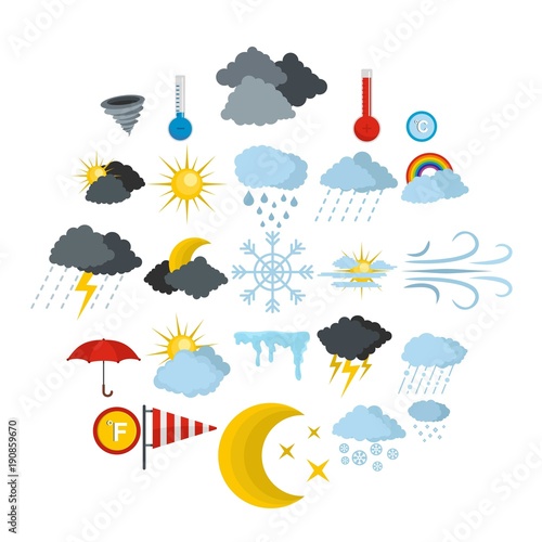 Weather icons set. Flat illustration of 25 weather vector icons isolated on white background