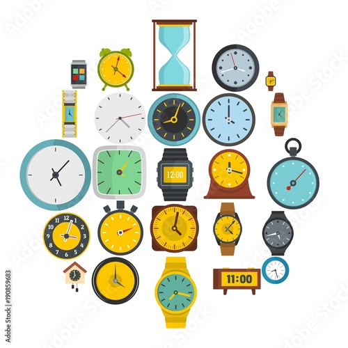 Time and clock icons set. Flat illustration of 25 time clock vector icons isolated on white background