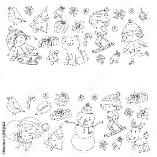 Merry Christmas celebration with children. Kids drawing illustration with ski, gifts, Santa Claus, snowman. Boys and girls play and have fun. School and kindergarten, preschool children