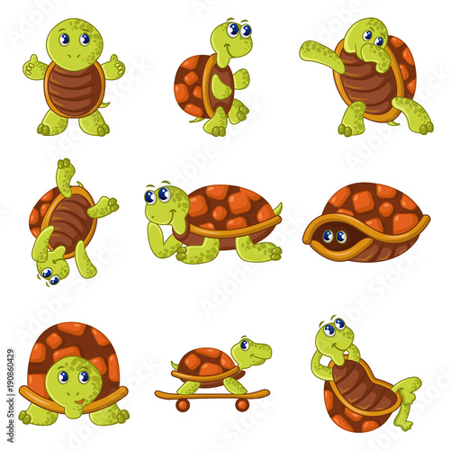 Happy turtle icons set, cartoon style