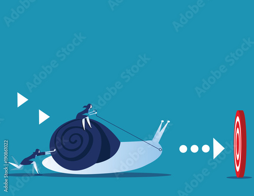 Business leader pushing snail with employee to target for success. Concept business  and animal vector illustration.
