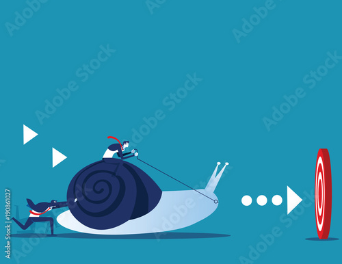 Business leader pushing snail with employee to target for success. Concept business  and animal vector illustration.