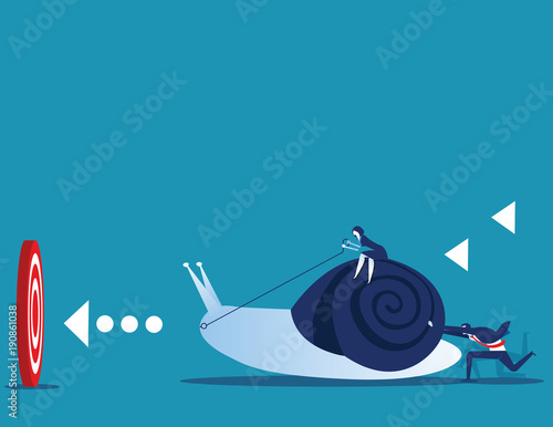 Business leader pushing snail with employee to target for success. Concept business  and animal vector illustration.