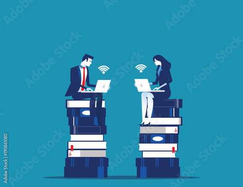 Young business people sitting on books and strategy planning. Concept business technology vector illustration.