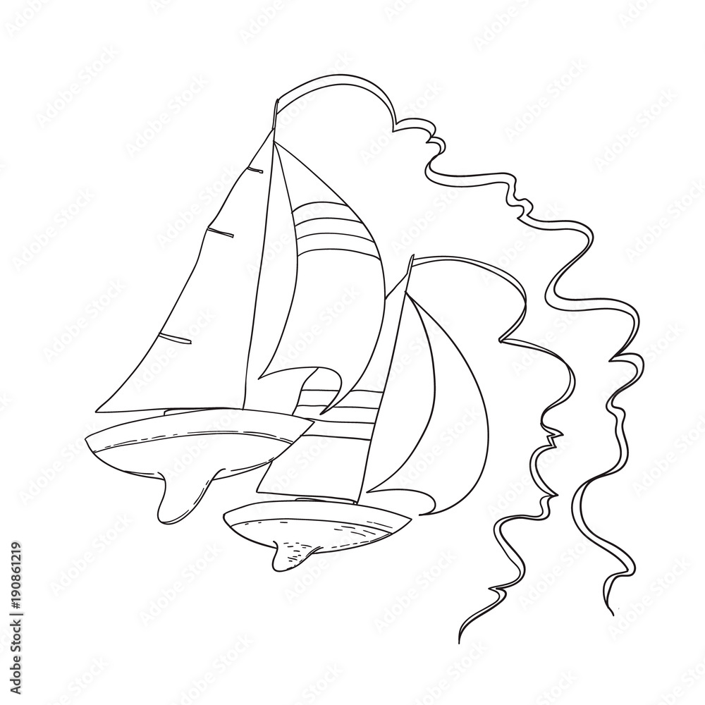 sailing yacht black and white sketch cartoon doodle vector illustration