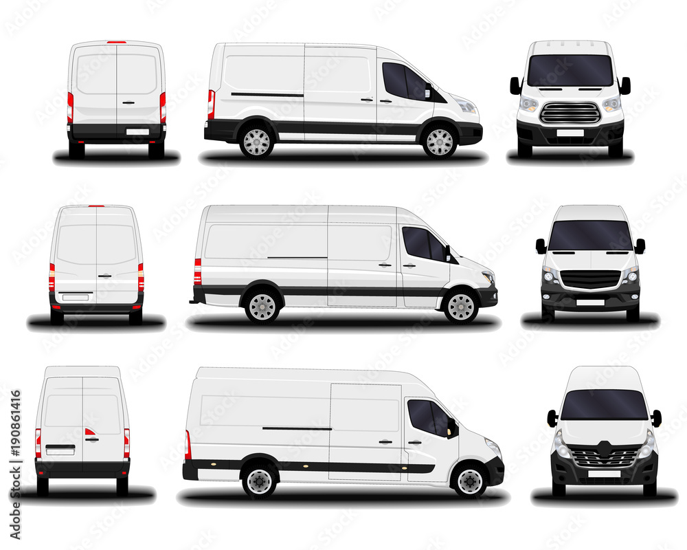 realistic cargo vans. front view; side view; back view. Stock Vector |  Adobe Stock