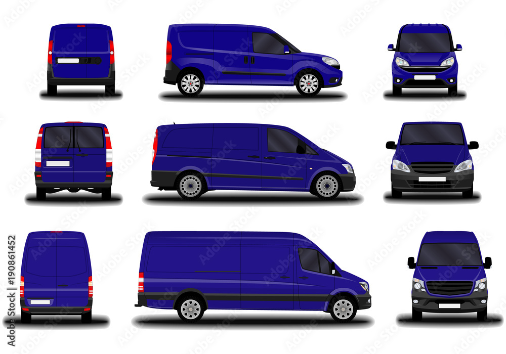 realistic cargo van. front view; side view; back view. realistic cargo van. front view; side view; back view.