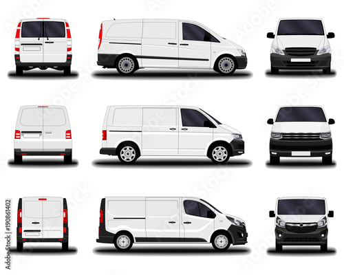 realistic cargo vans. front view; side view; back view.