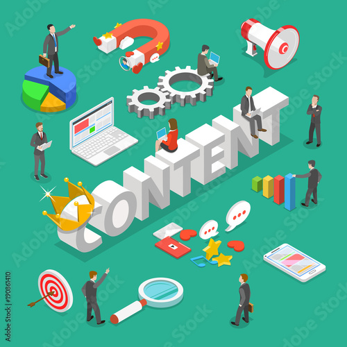 Content is king flat isometric vector concept. 3d word CONTENT with crown on it surrounded by people and corresponding attributes.
